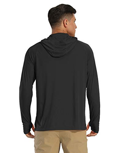 KEFITEVD Camiseta de manga larga para hombre, protección solar UPF 50+, con capucha, agujero para el pulgar, de secado rápido, camiseta funcional para pesca, senderismo Negro XXXL