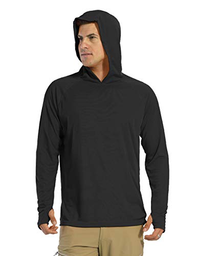 KEFITEVD Camiseta de manga larga para hombre, protección solar UPF 50+, con capucha, agujero para el pulgar, de secado rápido, camiseta funcional para pesca, senderismo Negro XXXL
