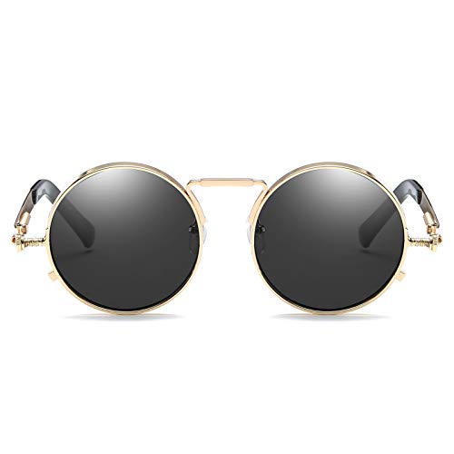 Kennifer Gafas de Sol Redondas Ronda Marco de Metal Eyewear Círculo Espejo Gafas UV400 Para Hombres y Mujeres (Gris,Dorado)