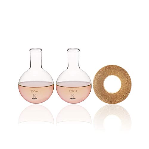 KENZIUM - Pack 2 x Matraz Esférico de Fondo Redondo + Soporte Para Balones, de 250 ml | Vidrio Borosilicato 3.3, de Cuello Estrecho, Laboratorio, de Cristal, Altamente Resistentes, Ideal Ebullición