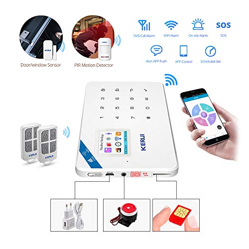 KERUI W18 GSM WIFI Sistema de Alarma Seguridad para Hogar por CALL/SMS/APP, Kits Alarma Antirrobo Inalámbrico DIY con Detector/Sensor de Movimiento de Alarma Puerta sin cuotas para Casa/Tienda/Oficina