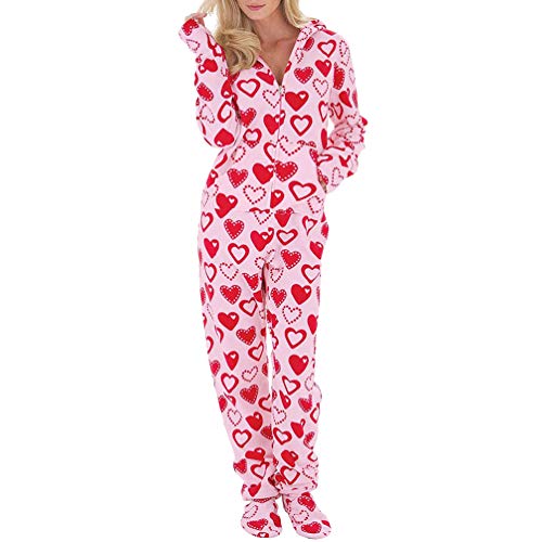 Ketamyy Mujer Pijama Mono Entero con Capucha Pies Casual Cremallera Polar Jumpsuit Adulto Una Pieza Primavera Invierno Otoño Cómodo Termica Loungewear Calcetines Desmontables Rosa/Corazones M