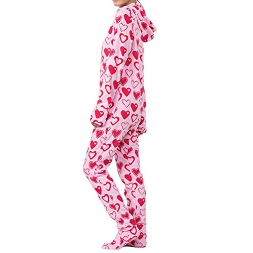 Ketamyy Mujer Pijama Mono Entero con Capucha Pies Casual Cremallera Polar Jumpsuit Adulto Una Pieza Primavera Invierno Otoño Cómodo Termica Loungewear Calcetines Desmontables Rosa/Corazones M