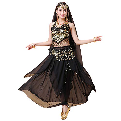 kewing 4 Piezas Mujer Señoras Danza del Vientre Profesional Conjunto de Vestuario Danza India Rendimiento Outfit Traje