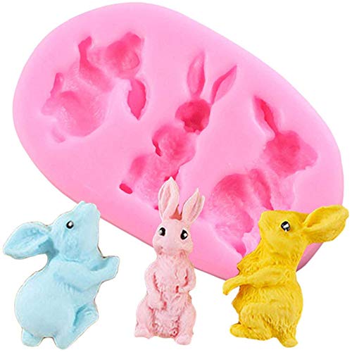 KFGJ 3D Conejo Pascua Conejito Silicona Molde Fondant Torta Hornear Moldes Cupcake para Pastel Postre Gelatina Pan PudíN Muffin (Forma De Conejo con 3 Cavidades) Rosa