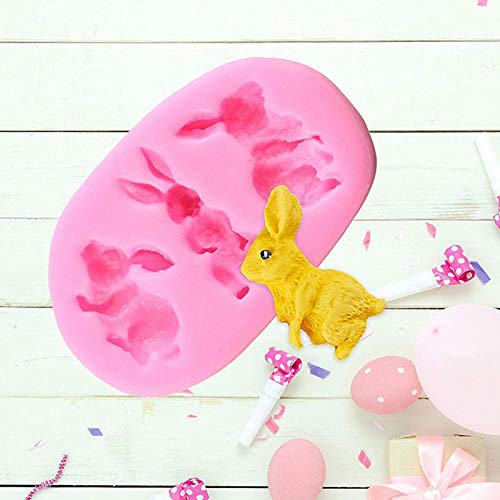 KFGJ 3D Conejo Pascua Conejito Silicona Molde Fondant Torta Hornear Moldes Cupcake para Pastel Postre Gelatina Pan PudíN Muffin (Forma De Conejo con 3 Cavidades) Rosa