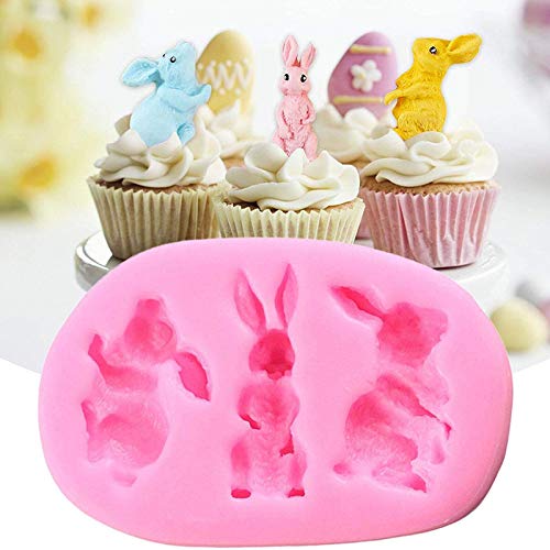 KFGJ 3D Conejo Pascua Conejito Silicona Molde Fondant Torta Hornear Moldes Cupcake para Pastel Postre Gelatina Pan PudíN Muffin (Forma De Conejo con 3 Cavidades) Rosa