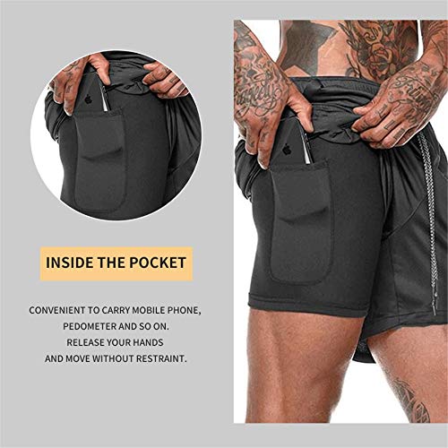 Kfnire Deporte Pantalones Cortos para Hombre, 2 en 1 Pantalones Cortos de Gimnasio con Forro de Bolsillo Incorporado Fitness Secado Rápido Transpirables Hombre Shorts Deportivos para Correr