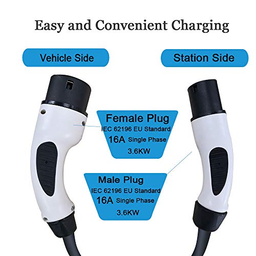 K.H.O.N.S. EV Cable de Carga para Vehículo Eléctrico, EV Tipo 2 a Tipo 2((Mennekes)), IEC62196 16A, Monofásico, 3.7KW, TUV CE, 5M Cable y Bolsa