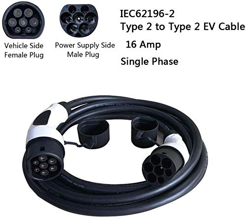 K.H.O.N.S. EV Cable de Carga para Vehículo Eléctrico, EV Tipo 2 a Tipo 2((Mennekes)), IEC62196 16A, Monofásico, 3.7KW, TUV CE, 5M Cable y Bolsa