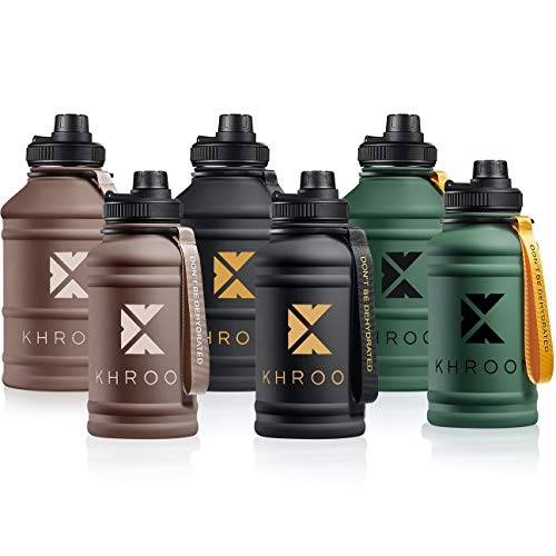 Khroom® Botella de Agua XXL de 1.3 y 2.2 litros de Acero Inoxidable | Adecuado Ácido Carbónico | Libre de BPA | Botella de Fitness de 2L para Deportes, Gimnasia y Ocio. (marrón, 1.3 litros)