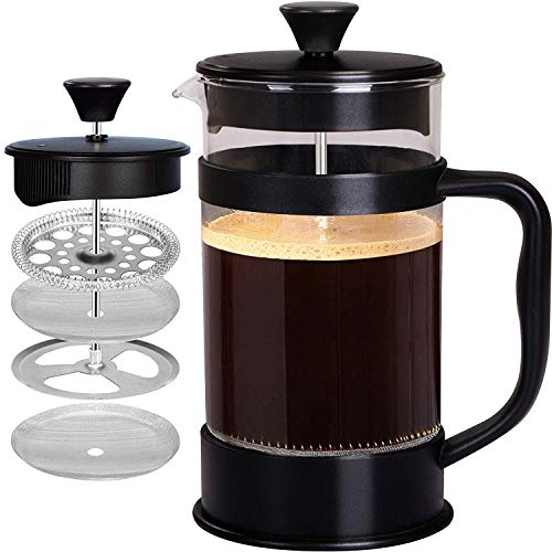 KICHLY - 8 tazas (1 litro / 1000 ml) Cafetera Francesa espresso y tetera con triple filtro émbolo de acero inoxidable - Negro