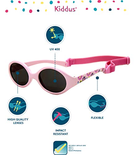 Kiddus Gafas de sol POLARIZADAS bebe para niños y niñas a partir de 6 meses. SUPER FLEXIBLES. Protección solar UV400. Seguras, confortables, muy resistentes. Con ESTUCHE protector. Baby Comfort (08 Rosa con flores)