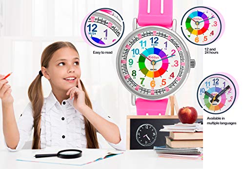 KIDDUS Reloj Educativo para niña, Chica, Chico. De Pulsera, analógico. Time Teacher fácil de Leer para Aprender la Hora. Ejercicios incluídos. Mecanismo de Cuarzo japonés. RE0277B Turquesa y Rosa