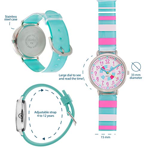 KIDDUS Reloj Educativo para niña, Chica, Chico. De Pulsera, analógico. Time Teacher fácil de Leer para Aprender la Hora. Ejercicios incluídos. Mecanismo de Cuarzo japonés. RE0277B Turquesa y Rosa