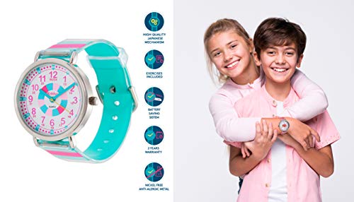 KIDDUS Reloj Educativo para niña, Chica, Chico. De Pulsera, analógico. Time Teacher fácil de Leer para Aprender la Hora. Ejercicios incluídos. Mecanismo de Cuarzo japonés. RE0277B Turquesa y Rosa