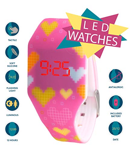 KIDDUS Reloj LED Digital para niña o niño. Pulsera de Silicona Suave para niños y Adultos. Batería Japonesa reemplazable. Fácil de Leer y Aprender Las Horas. KI10204 Corazones