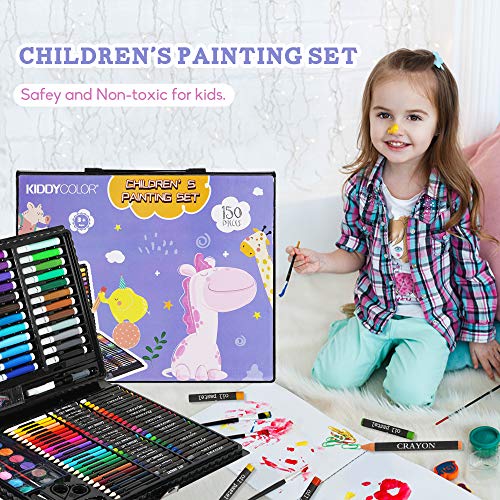 KIDDYCOLOR Conjunto Arte Deluxe en Maletín, Para Niños Set Material Escolar, incluye lápices de colores, pasteles de óleo, acuarelas, pinceles para pintar (150 piezas)