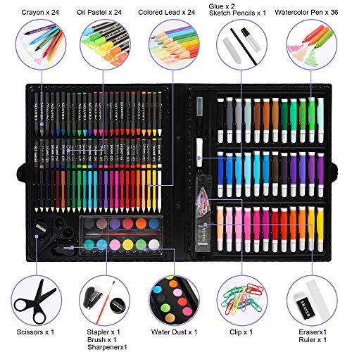 KIDDYCOLOR Conjunto Arte Deluxe en Maletín, Para Niños Set Material Escolar, incluye lápices de colores, pasteles de óleo, acuarelas, pinceles para pintar (150 piezas)