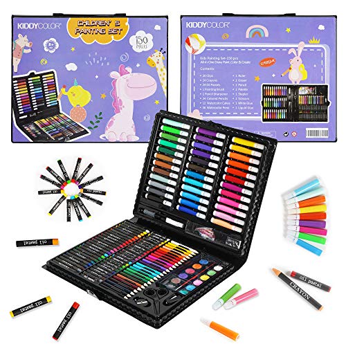 KIDDYCOLOR Conjunto Arte Deluxe en Maletín, Para Niños Set Material Escolar, incluye lápices de colores, pasteles de óleo, acuarelas, pinceles para pintar (150 piezas)