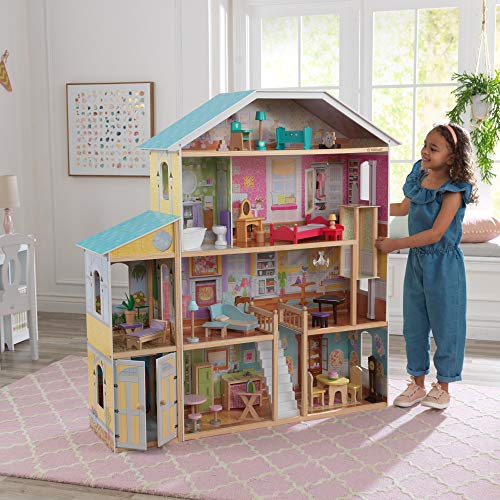 KidKraft 65252 Majestic Mansion - Casa de Muñecas de Madera con Muebles y Accesorios Incluidos, 4 Pisos, para Muñecas de 30 cm, Multicolor