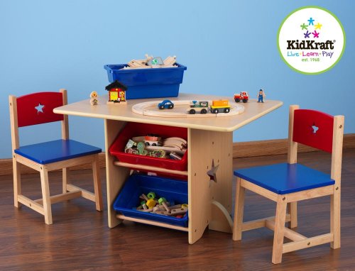 KidKraft- Juego de mesa y 2 sillas de madera con corazón con compartimentos de almacenamiento, cuarto de juegos para niños / muebles de dormitorio Heart , Color Rojo y azul (26912)