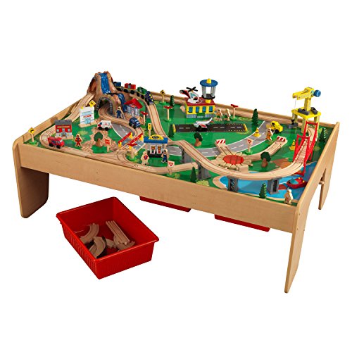 KidKraft- Juguete de vías de tren y mesa con cascada y montaña, de madera, para niños, juego clásico de actividades ferroviarias con accesorios incluidos (120 piezas) , Color Multicolor (17850)