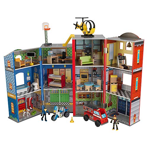 KidKraft- Juguetes de madera Everyday Heroes, para niños, con camión de bomberos, moto de policía, helicóptero y figuras de acción incluidos , Color Multicolor (63239) , color/modelo surtido