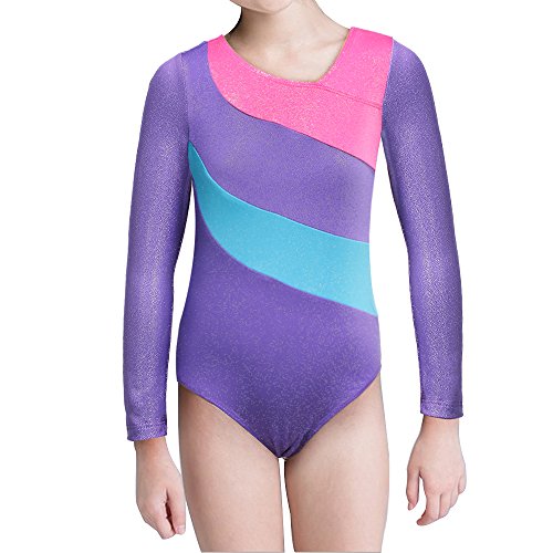 Kidsparadisy Biketards Maillots arco iris brillante spakle mangas largas Leotards de la gimnasia de la técnica de ballet para niñas para Niñas 130 (56Y) Prpura, Prpura