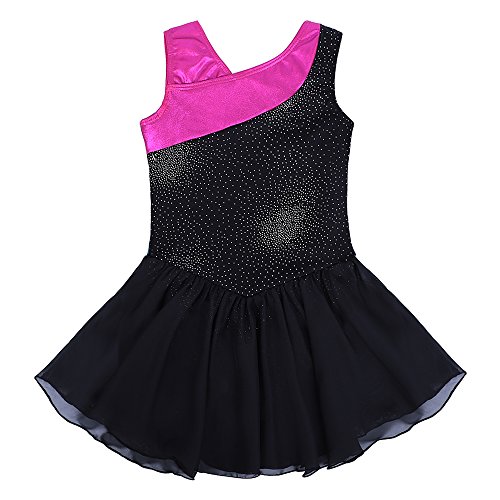 Kidsparadisy - Maillot con falda para niñas de 2 a 15 años, manga larga y sin mangas, con bandas arco iris, para gimnasia, baile y ballet, Infantil, color negro, tamaño 130(6-7T)