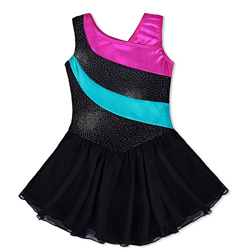 Kidsparadisy - Maillot con falda para niñas de 2 a 15 años, manga larga y sin mangas, con bandas arco iris, para gimnasia, baile y ballet, Infantil, color negro, tamaño 130(6-7T)