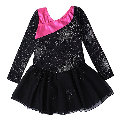 Kidsparadisy - Maillot con falda para niñas de 2 a 15 años, manga larga y sin mangas, con bandas arco iris, para gimnasia, baile y ballet, Infantil, color Blacklong, tamaño 130(6-7T)