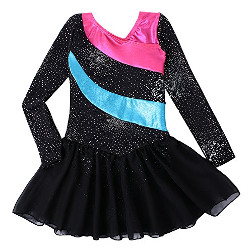 Kidsparadisy - Maillot con falda para niñas de 2 a 15 años, manga larga y sin mangas, con bandas arco iris, para gimnasia, baile y ballet, Infantil, color Blacklong, tamaño 130(6-7T)