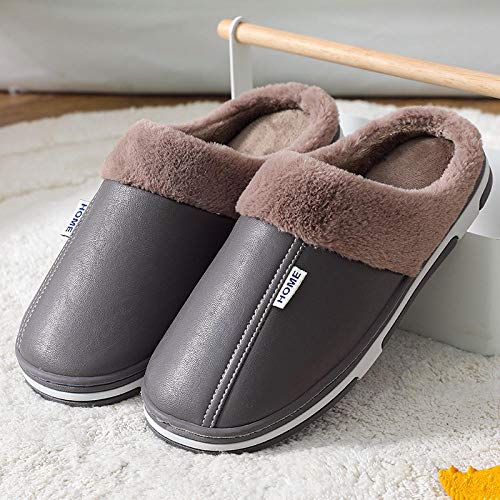 KIKIGO Zapatillas casa，Zapatillas de algodón Calientes de Cuero de Invierno, Zapatos de algodón Antideslizantes caseros para Hombres-Gris_EU 44