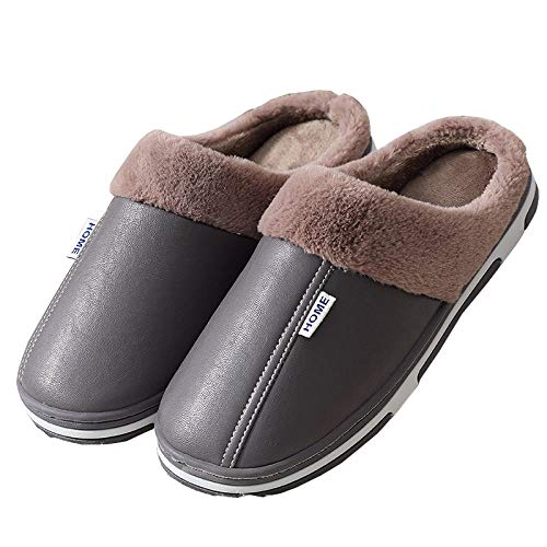 KIKIGO Zapatillas casa，Zapatillas de algodón Calientes de Cuero de Invierno, Zapatos de algodón Antideslizantes caseros para Hombres-Gris_EU 44