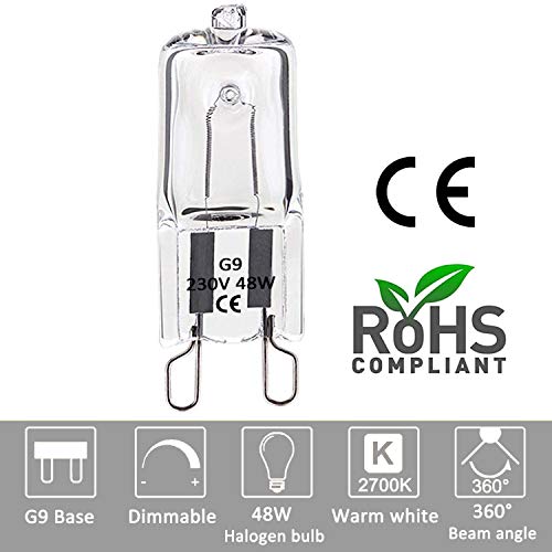 Kimjo Bombilla Lámpara Halogena G9 Blanco Calido 2700K 48W 230V 680LM Bobillas de Luz Halógenas, para Candelabro Lámparas de Escritorio y de Piso (paquete de 10) Kimjo Bombilla Lámpara Halogena G9 Blanco Calido 2700K 48W 230V 680LM Bobillas de Luz Halógenas, para Candelabro Lámparas de Escritorio y de Piso (paquete de 10)