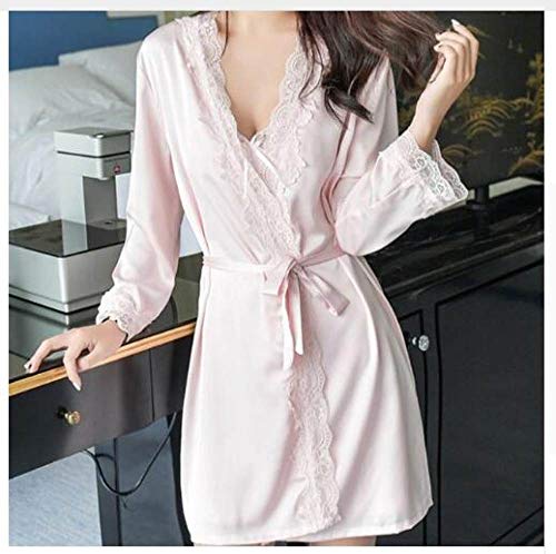 Kimono Mujer Bata Satinado V-Cuello Hueco Hacia Fuera Camón De Encaje Novias Vestido De Novia Sexy Rosa, Soft Cosy Loungewear Y Pijama Albornoz Utilizado Para Bodas Vestidos Casuales, Pijamas Casero