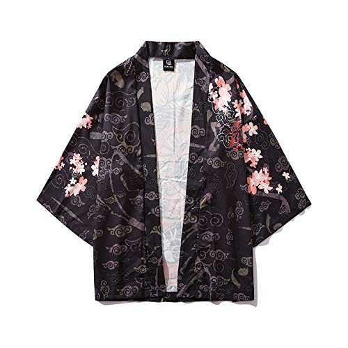 Kimono Tradicional Japones, Kimono Cardigan para Hombres, Japonés Masculino Yukata para Hombres Haori Japonés Samurai Kimono Shirt Hombres Ropa Tradicional Japonesa,Black-M