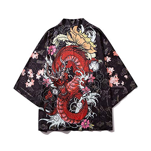 Kimono Tradicional Japones, Kimono Cardigan para Hombres, Japonés Masculino Yukata para Hombres Haori Japonés Samurai Kimono Shirt Hombres Ropa Tradicional Japonesa,Black-M