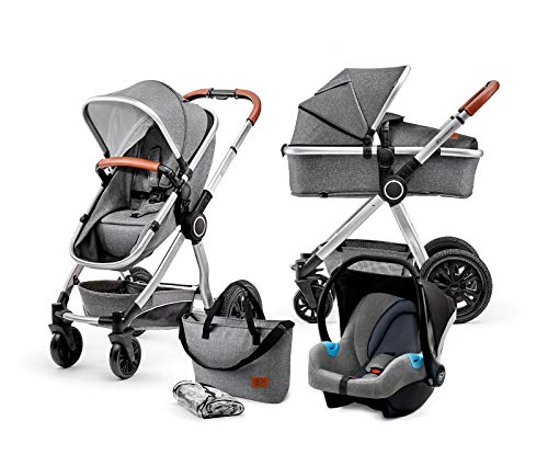 Kinderkraft Carrito Bebé 3 Piezas VEO, Silla Paseo, Asiento Coche, Capazo, Plegado, Gris