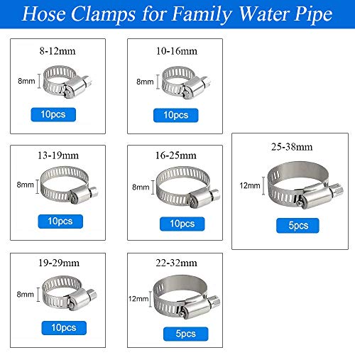 KINDPMA 60 Piezas Abrazaderas de Manguera 7 Tamaños Abrazaderas Metalicas Tubo Ajustable Flexible Abrazadera de Tubo Acero Inoxidable para Tubo de Casa de Surtido de Kit