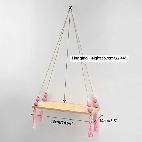 king do way Baldas Flotantes, Estante de Pared Decorativa de Techo con Fijación de Cuerda De Madera - Habitación de Niños o Bebés - Estilo Nórdico - 38 x 14 x 1.2 cm (Blanco, Rosa y Morado)