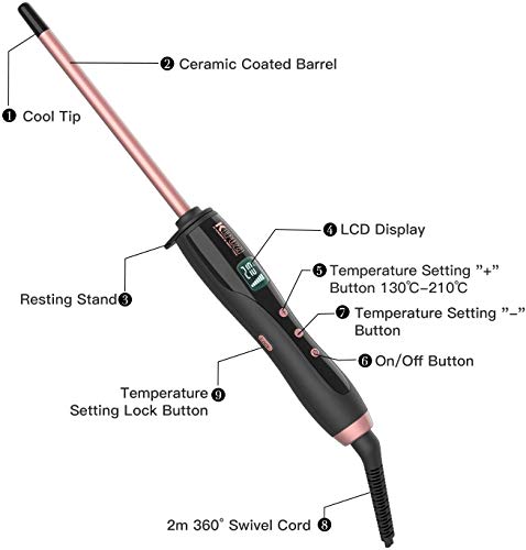 KIPOZI Rizador de Pelo Fina, Plancha Rizadora de 9 mm con Cuerpo de CeráMica, Rizador de Pelo PequeñO con Temperatura Ajustable, Guante Resistente al Calor Incluido