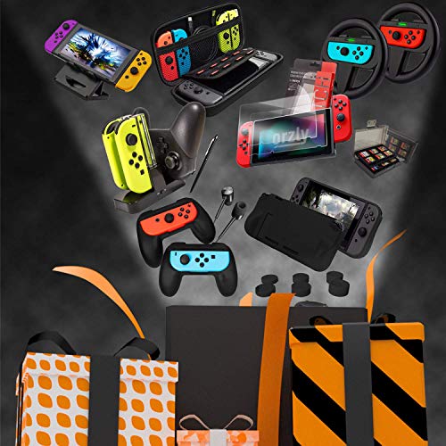 Kit Accesorios para Nintendo Switch – Orzly Geek Pack con: Funda y Protector de Pantalla Switch, Empuñaduras & Volante para mandos Joy-con, Una Base de Carga USB y Un Soporte portátil, y más. [Negro]