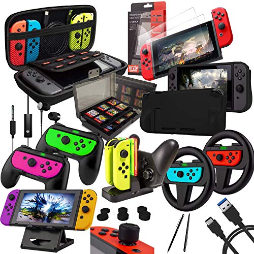 Kit Accesorios para Nintendo Switch – Orzly Geek Pack con: Funda y Protector de Pantalla Switch, Empuñaduras & Volante para mandos Joy-con, Una Base de Carga USB y Un Soporte portátil, y más. [Negro]