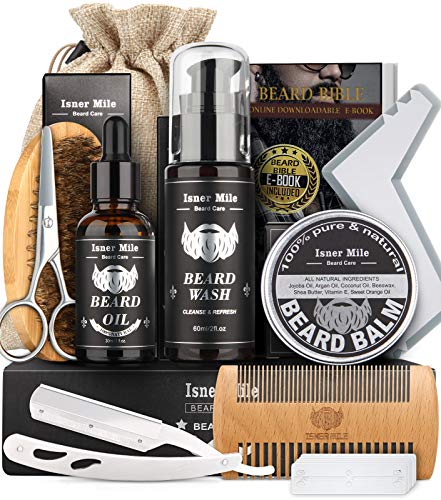 Kit Barba Cuidado Para Hombres, Set Herramientas de Aseo y Recorte Con Champú Barba, Aceite Crecimiento Barba, Bálsamo, Cepillo, Peine, Tijeras, Mejores Regalos para Lui e PaPa