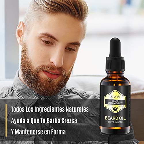 Kit Cuidado Barba Hombre, ATMOKO 9PCS Barba Peine, Barba Cepillo, Barba Aceite 30g, Barba Champú 60ml, Bálsamo Barba 30g, Tijera Barba, Barba Delantal, Modelo de forma de barba, Mejor Regalo (9)