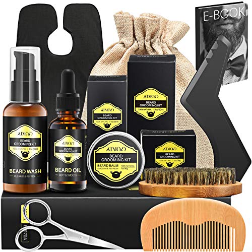 Kit Cuidado Barba Hombre, ATMOKO 9PCS Barba Peine, Barba Cepillo, Barba Aceite 30g, Barba Champú 60ml, Bálsamo Barba 30g, Tijera Barba, Barba Delantal, Modelo de forma de barba, Mejor Regalo (9)