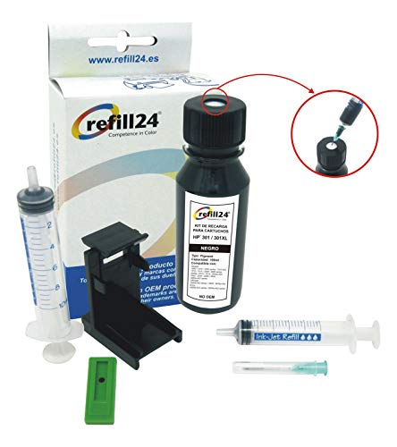 Kit de Recarga para Cartuchos de Tinta HP 301, 301 XL Negro, Incluye Clip y Accesorios + 100 ML Tinta