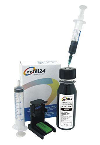 Kit de Recarga para Cartuchos de Tinta HP 301, 301 XL Negro, Incluye Clip y Accesorios + 100 ML Tinta